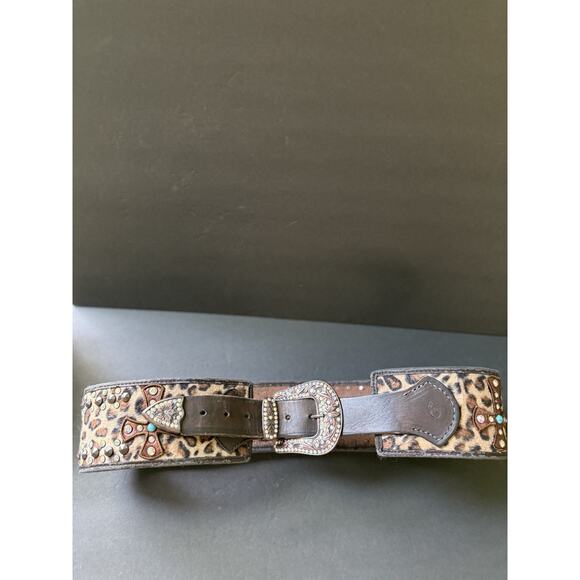 Larry Clements Leopard Belt M/L Leather Studded Handcrafted Wide Western Boho - Picture 1 of 10